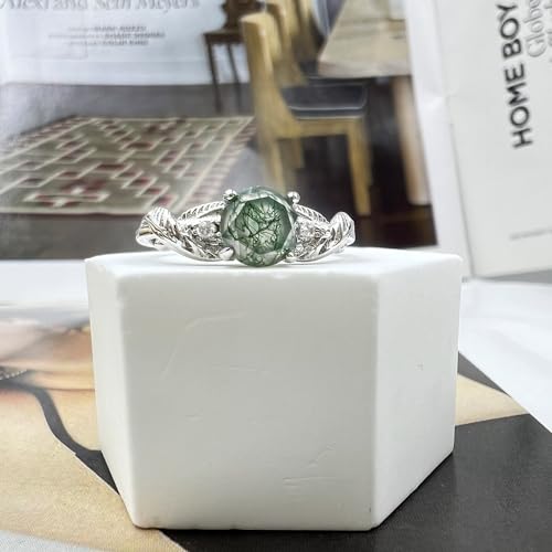 Moss Agate Ring for Women Silver Vintage Open Green Gemstone Rings for Wedding Fashion Engagement Jewelry Gifts2