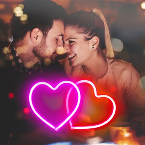 Image of 2PK Heart Neon Sign Battery Operated or USB Powered Heart Lights Pink & Red | LED Heart Neon Lamp for Valentines Day Wedding Proposal Mother's Day Dorm Bedroom Decor, Gifts for Mom Wife Girfriend Girls