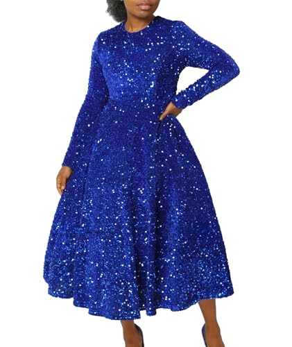 Image of SOMTHRON Women's Sequin Dress Plus Size Long Sleeve A-Line Flared Party Cocktail Sparkle Glitter Evening Shiny Maxi Dress