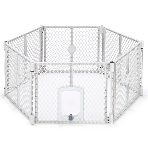 MyPet Petyard Passage: 5.5 Ft. Wide Customizable Folding Dog Playpen with Passage Flap-Door for Indoor/Outdoor. Made in USA. 6-Panel Puppy Playpen. Freestanding Play Pen Dog Gate 26' Tall, Light Gray