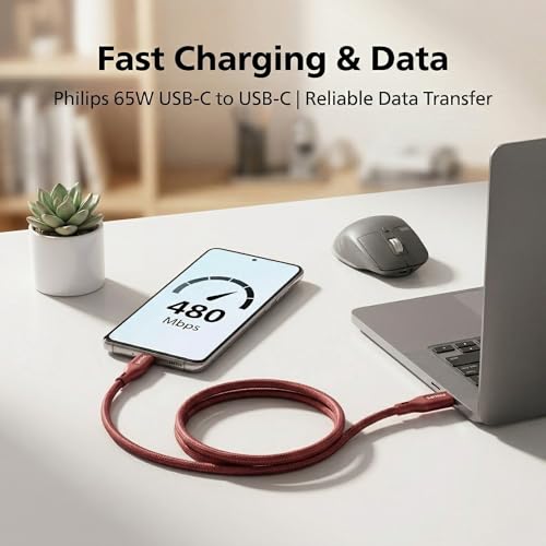 Image of PHILIPS DLC4160CI /94 65W Type-C to Type-C Fast Charging Cable (2m, Iron Red) | Nylon Braided | Compatible with iPhone 15+ Series, USB-C iPad Models, Samsung Galaxy & All Type C Devices