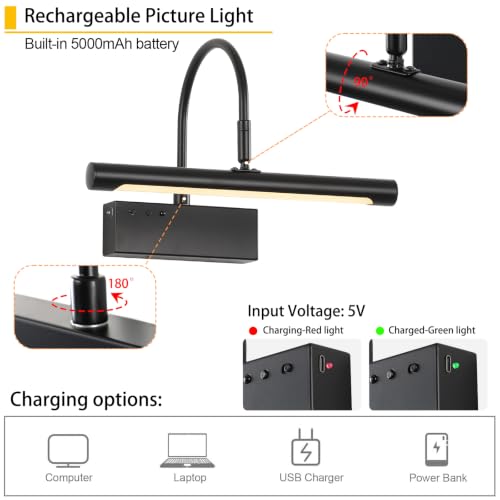 Image of LED Wireless Picture Light with Remote Control,USB Rechargeable Battery Powered Art Lamps,Dimmable,270 Rotate,Timing,12 Inch Black Wall Lights for Paintings (Black, 12inch)
