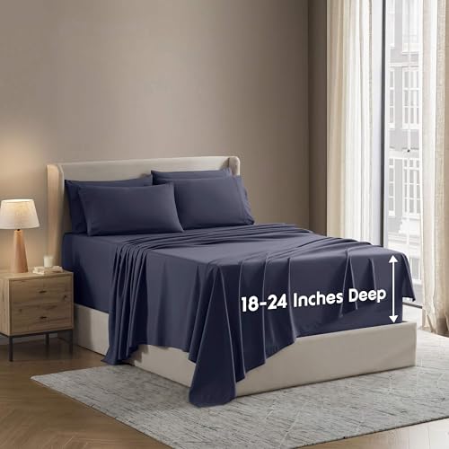 Image of Nestl Extra Deep Cal King Sheet Set - 6 Piece Breathable & Cooling Sheets - Hotel Luxury Bedding Set w /18-24 Inch Deep Pockets - Easy & Secure Fit - Super Soft, Wrinkle Free & Comfy - Navy Blue