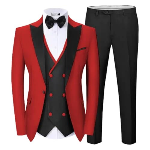 Men Double Breasted Slit Suit 2-Piece Jacket and Pants Wedding Graduation Party Set Red