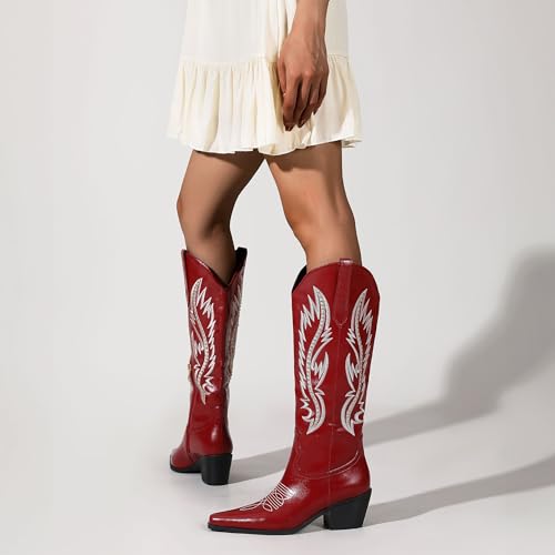 Image of LingxiaUne Red Knee High Cowboy Boots For Women Wide Calf Distressed Western Cowgirl Boot With Low Block Heels And Pointed Toe Trendy Comfortable Size 9
