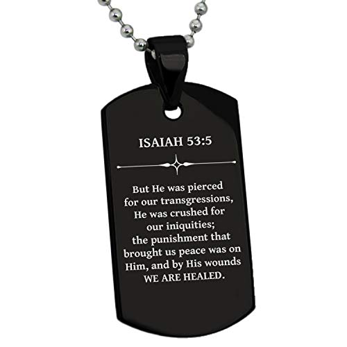 Tioneer Black Stainless Steel We Are Healed Isaiah 53:5 Dog Tag Pendant Necklace