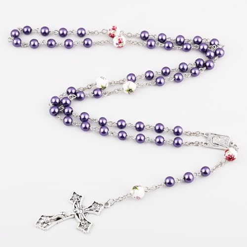 3 pcs 6mm Glass Pearl Beads Catholic Lourdes Rosary Necklace for Women with Gift Bag4