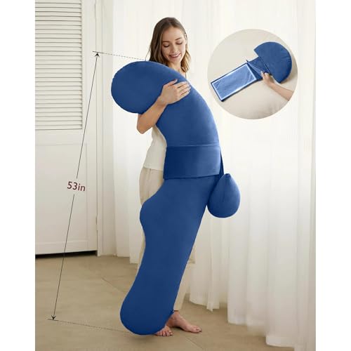Image of J-Shaped Sleeping Pregnancy Pillow| Removable Velvet Covers| PregnoCare Fibres| Baby Shower Gift, Maternity, Nursing| Full Body Soft-Support Bump, Head, Back, Shoulder, Hips, Legs and Belly (Blue)