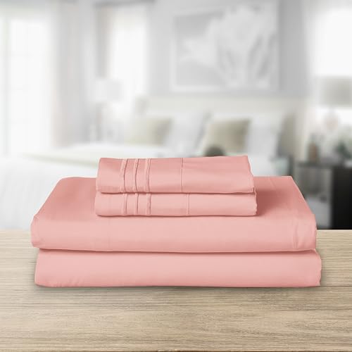 Image of Elegant Comfort Luxurious 1500 Premium Hotel Quality Microfiber Three Line Embroidered Softest 4-Piece Bed Sheet Set, Wrinkle and Fade Resistant, Twin /Twin XL, Dusty Rose