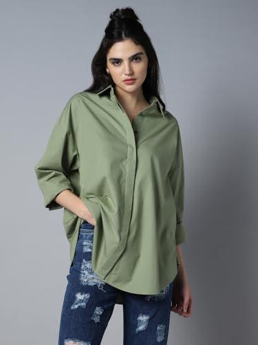 Image of High Star Relaxed Oversized Spread Collar Long Sleeve Cotton Longline Casual Shirt