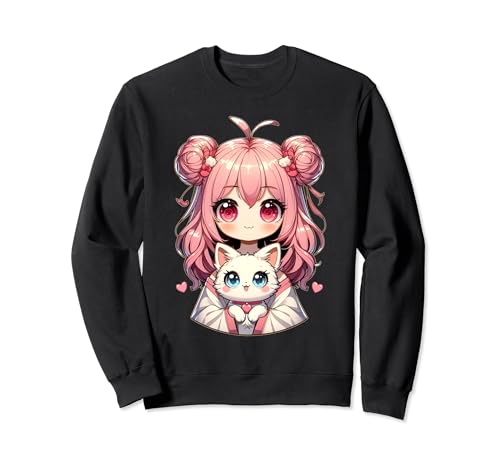 Anime mignon chat amoureux kawaii manga otaku anime fille rose Sweatshirt