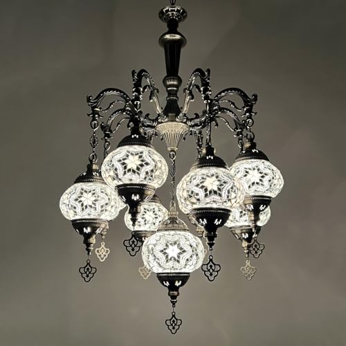 Fiunkes 9-Globes Turkish Chandeliers, Moroccan Mosaic Pendant Lights Fixtures Vintage Handmade Glass Hanging Ceiling Lights Decor for Living Room Restaurant Cafe Bar, Height Adjustable,B