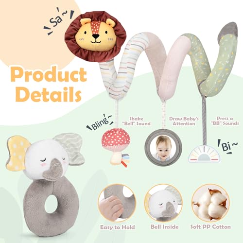 Image of Joyreal Spiral Car Seat Toys with Jungle Soft Book, Plush Rattles and Linking Rings, Stroller & Travel Toy for Newborns and Infants 0-12 Months Girls Boys