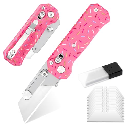 Image of Folding Pocket Utility Knife with 10Pcs Blades, EDC Quick Change Box Cutter with Clip Rail Lock, Pink Doughnut Razor Knife for Women Office Factory Work