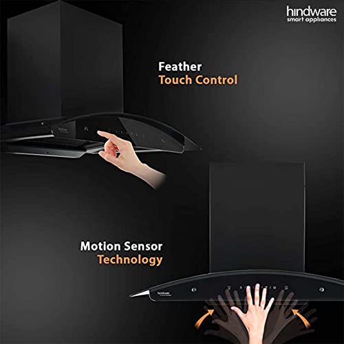 Image of Hindware Nadia 90 cm 1350 m /hr Stylish Filterless Auto-Clean Kitchen Chimney with Oil Collector, Motion Sensor & Touch Control For Easy Operation (Curved Glass, Black)