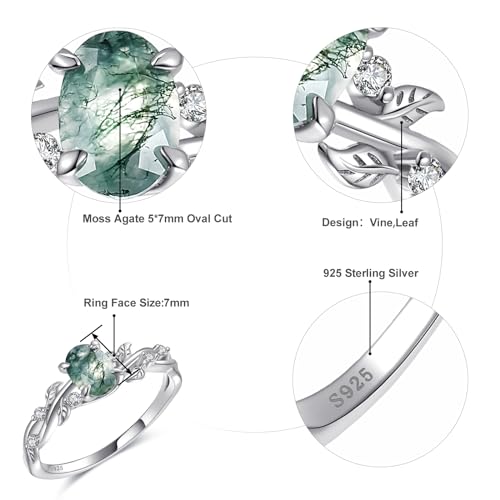 Engagement Rings for Women 925 Sterling Silver Oval Cut Moss Agate/Black Rutilated Quartz/Emerald Gemstone Wedding Rings Promise Ring Size 5-92