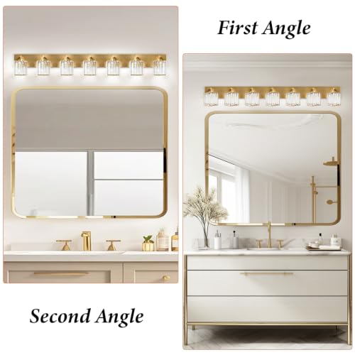 Image of Gold Crystal Bathroom Vanity Light, 7-Light Modern Bathroom Lighting Fixtures Over Mirror, Matte Gold Wall Sconce with Square Shade