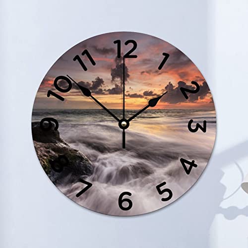 Higoss 10x10 Inch Sunset Horizon Ocean Wall Clock Battery Operated Non-Ticking, Wood Wall Clocks for Living Room Dining Room Bathroom Kitchen Decor