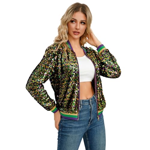 Heevina Mardi Gras Sequin Jackets For Women Sparkly Zipper Shiny Glitter Bomber Jacket Sparkly Tops Carnival 2025
