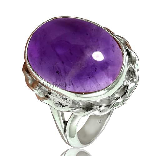 Natural Amethyst Purple Gemstone Oval Ring, Solid 925 Sterling Silver Statement Ring, Solitaire Ring, Unique February Birthstone Gifts for Women (amethyst, Size 8)