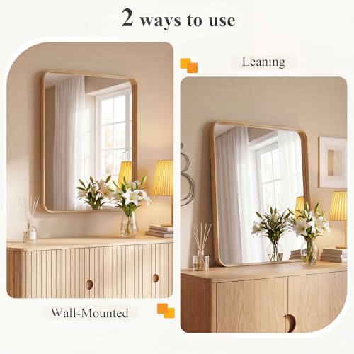 Image of Sweetcrispy Bathroom Mirror 36x24 Inch Metal Framed Rounded Rectangle Vanity Mirror for Wall, Over Sink, Farmhouse, Restroom, Anti-Rust, Modern Decorative, Horizontal or Vertical Hanging, Wood