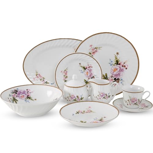 Lynns Paradise Timeless Rose Floral 45-Piece Dinnerware Set, Service for 6 | Embossed Swirl Porcelain Plates & Bowls | Gold Decal Trim | Apartment Essentials | Home Kitchen Accessories