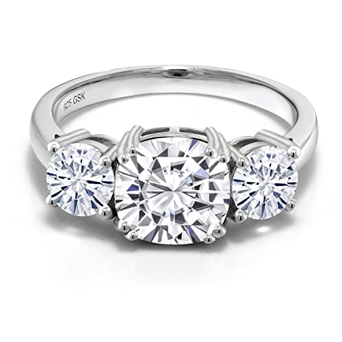 Gem Stone King 3.40 Cttw White Moissanite 3-Stone Engagement Ring For Women | 925 Sterling Silver | Cushion 8MM | 3 Stone Wedding Engagement Anniversary Promise Ring For Women