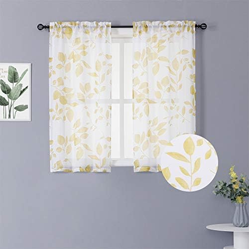 LinTimes Short Sheer Curtains, Leaf Embroidered Faux Textured Kitchen Tier Curtains Cafe Curtains Window Treatment Set, 26" x 45", Yellow, 2 Panels
