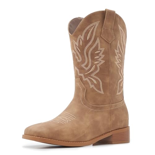 Image of Cowgirl Boots Square Toe Cowboy Boots For Women Ladies Mid Calf Low Heel Flat