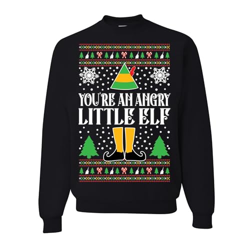 wild custom apparel Youre Angry Little Elf Headed Elf Son Of A Nutcracker Ugly Christmas Sweater Crewneck Sweatshirt