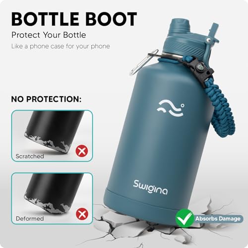 Image of Swigina 64 oz Insulated Water Bottle with Silicone Boot (48hrs Cold /24hrs Hot) - DIY Stickers, Leakproof, BPA Free, Half Gallon [2-IN-1 LID