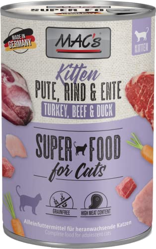 Mac's Kitten Mix 12 x 400g | 3 Sorten Katzenfutter für Kitten – Pute/Rind/Ente, Pute/Kaninchen, Kalb/Hühnerherzen – Getreidefrei, hoher Fleischanteil, artgerecht