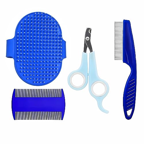 4Pcs Small Animals Grooming Kit Flea Comb for Cats Dogs Fine Tooth Comb Pet Comb Grooming Set Remove Float Hair Tear Marks Tick Removal Tool（blue）