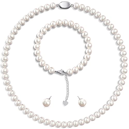 AOOVOO Freshwater Cultured Pearl Necklace Set - Real Pearl Necklace Set Includes Stunning Bracelet and Stud Earrings Jewelry Set for Women