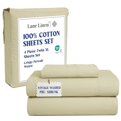 LANE LINEN Juego de sábanas de percal de algodón lavado, tamaño individual XL, 3 piezas, 100 % algodón, sábanas de satén de lujo, sábanas individuales extralargas para dormitorio, sábanas de algodón