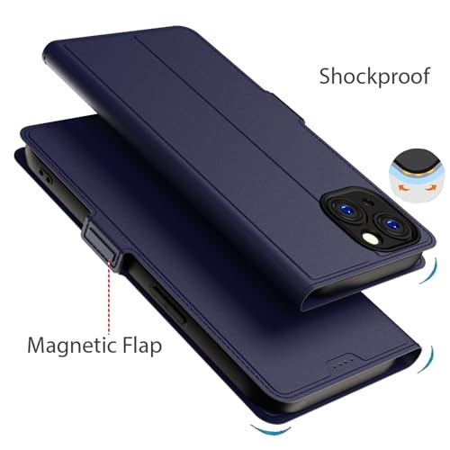 Image of Kapa Noble Slim Magnetic Leather Flip Case Cover for Apple iPhone 15 | Card Holder Stand Leather Flip Wallet Case (Blue)