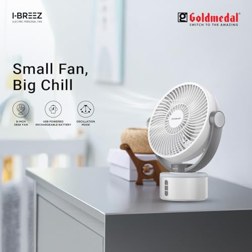 Image of Goldmedal I-Breez 200 mm Portable Desk Fan | 45 Head Tilt | Type-C USB-Powered Rechargeable Battery with 8-9 Hours Backup | 2-Light Brightness Setting | Personal Fan for Home & Office (White-Grey)