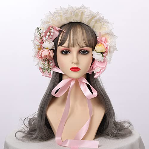 COSDREAMER Girls Women Victorian Bonnets Lace Flowers Tea Party Hats (Pink) - Image 3