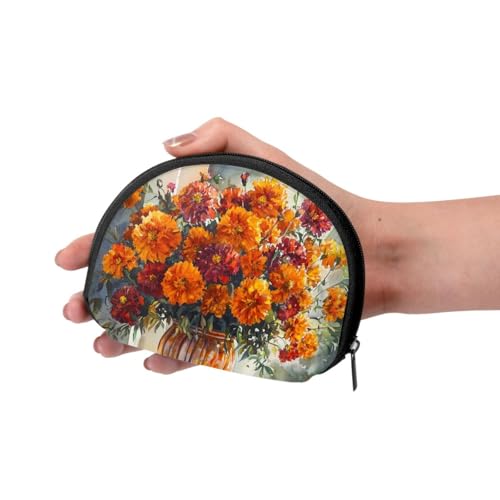 Portable Coin Purse Marigold-In-Vase-Painting Mini Zippered Money Pouch Card Holder3