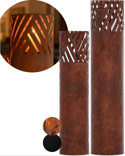 BENTSON Colonne à Bougie Design Rouille I Lot de 2 I Colonne décorative pour Jardin au Design Industriel Effet Rouille I Lanterne pour intérieur et extérieur I Inclus: Bougies I Rayures I 95cm + 75cm