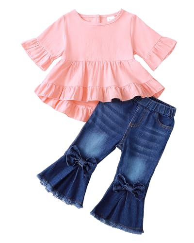 Image of Kucnuzki Toddler Baby Girls Clothes Long Sleeve Shirt Top Flare Denim Jeans Cute Outfit Baby Girl Fall Winter Clothes