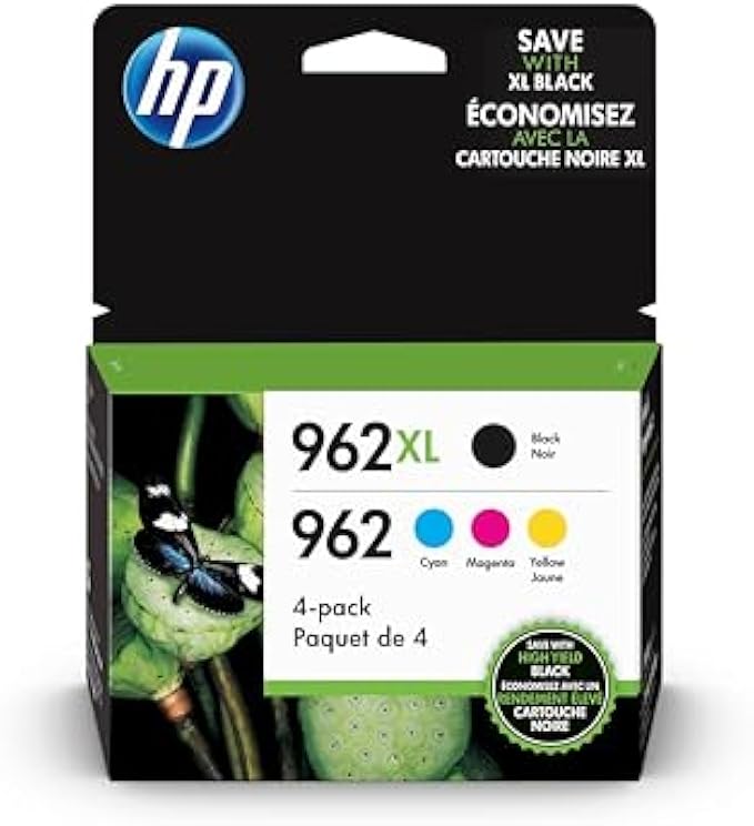 HP 962XL High Yield Black and HP 962 Cyan, Magenta, Yellow Original Ink Cartridges Pack of 4 (3JB34AN)