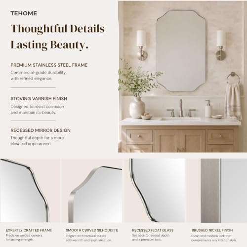 Image of TEHOME Brushed Nickel Scalloped Bathroom Vanity Mirror 24x36'' Decorative Silver Metal Framed Asymmetrical Bathroom Mirror