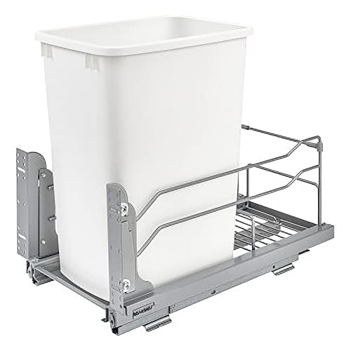 Rev-A-Shelf Pullout Trash Can for Base Kitchen Cabinets 35 Quart 8.75 Gallon with Soft-Close Slides and Rear Storage, White, 53WC-1535SCDM-111