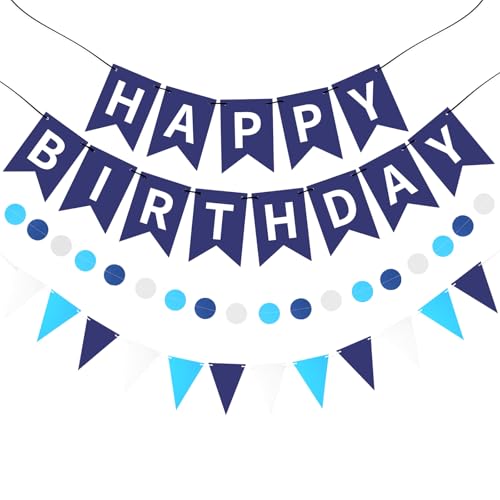Blue Happy Birthday Banner Happy Birthday Decorations Hanging Birthday Sign Circle Dot Triangle Bunting for Women Men Girl Boy Party Supplies