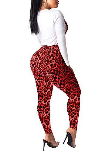 Remelon Womens 2 Piece Outfits Jumpsuits Leopard Letter Print Long Sleeve T-Shirt Top Bodycon Pockets Pants Set with Belt (XX-Large, Red)