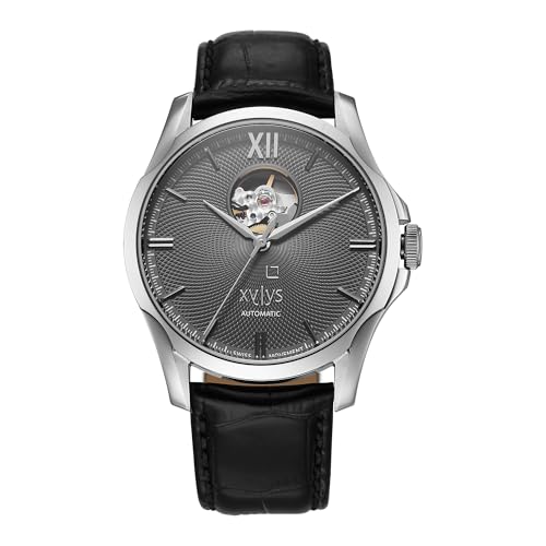 Image of Xylys Provenance Swiss Automatic Analog Grey Dial Black Leather Strap Watch for Men - 40059SL02E