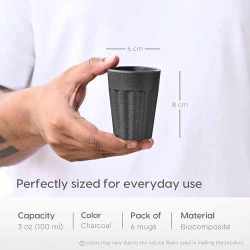 Image of Set of 6 Eco-Friendly Cutting Chai Cups | 100ml Reusable Coffee & Tea Cups | Rice Husk & Bamboo Fiber | Microwave & Dishwasher Safe | Hot & Cold Beverages (Charcol Color)