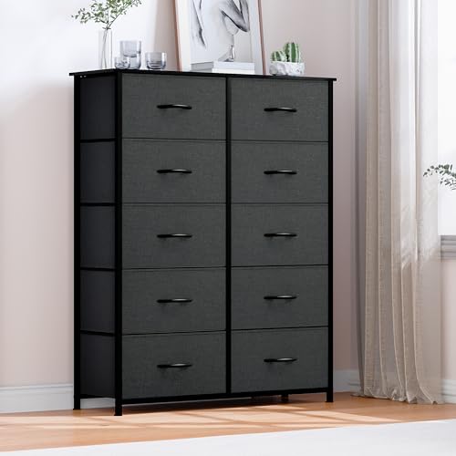 DWVO 10 Drawer Dresser - Fabric Storage Tower, Organizer Unit for Bedroom, Living Room, Hallway, Closets - Sturdy Steel Frame, Wooden Top & Easy Pull Fabric Bins