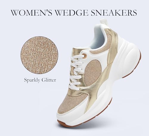 LUCKY STEP Women's Wedge Sneakers Fashion Heeled Cliff Platform Glitter Lace Up Metallic Casual Shoes2